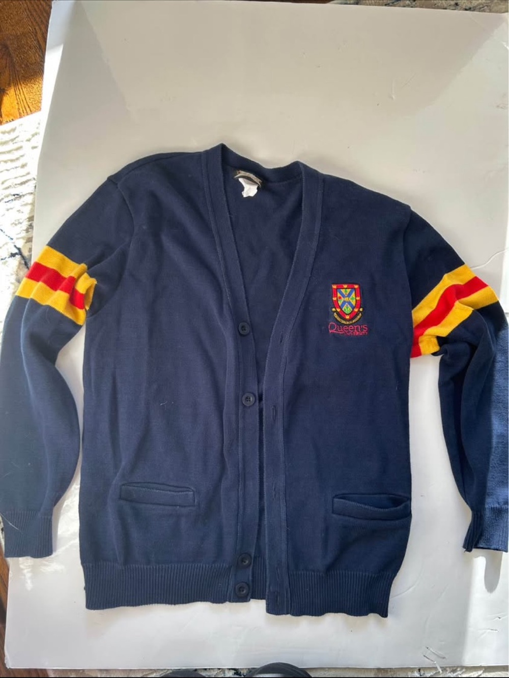 Navy V-Neck Cardigan with Crest and Striped Sleeves